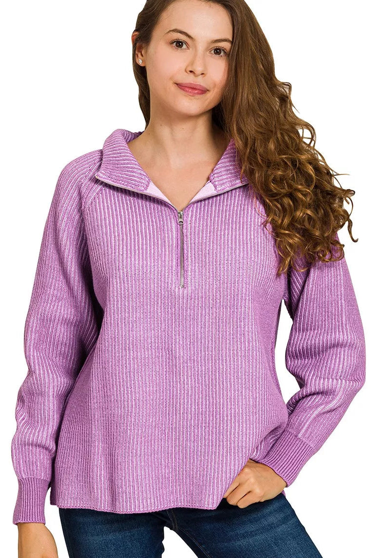 Zenana Ribbed Two Tone Half Zip Sweater in Violet/Lavender