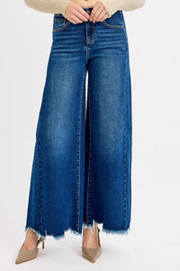 Risen High Rise Dark Wash Destroyed Hem Wide Leg Palazzo Jeans
