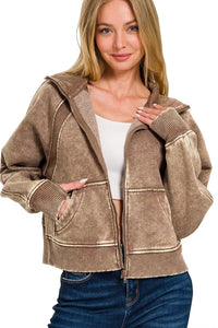 Zenana Acid Wash Zip Up Fleece Sweatshirt in Mocha