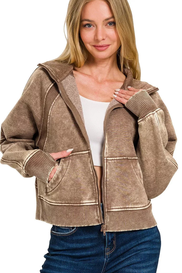 Zenana Acid Wash Zip Up Fleece Sweatshirt in Mocha