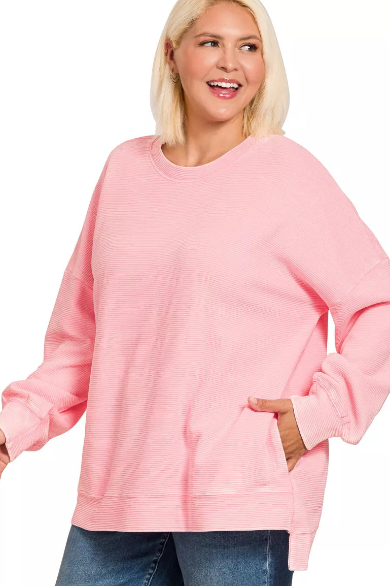 Zenana Acid Washed Double Ribbed Sweatshirt in Dark Pink