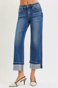 Risen Mid Rise Ankle Straight Cuffed Jeans