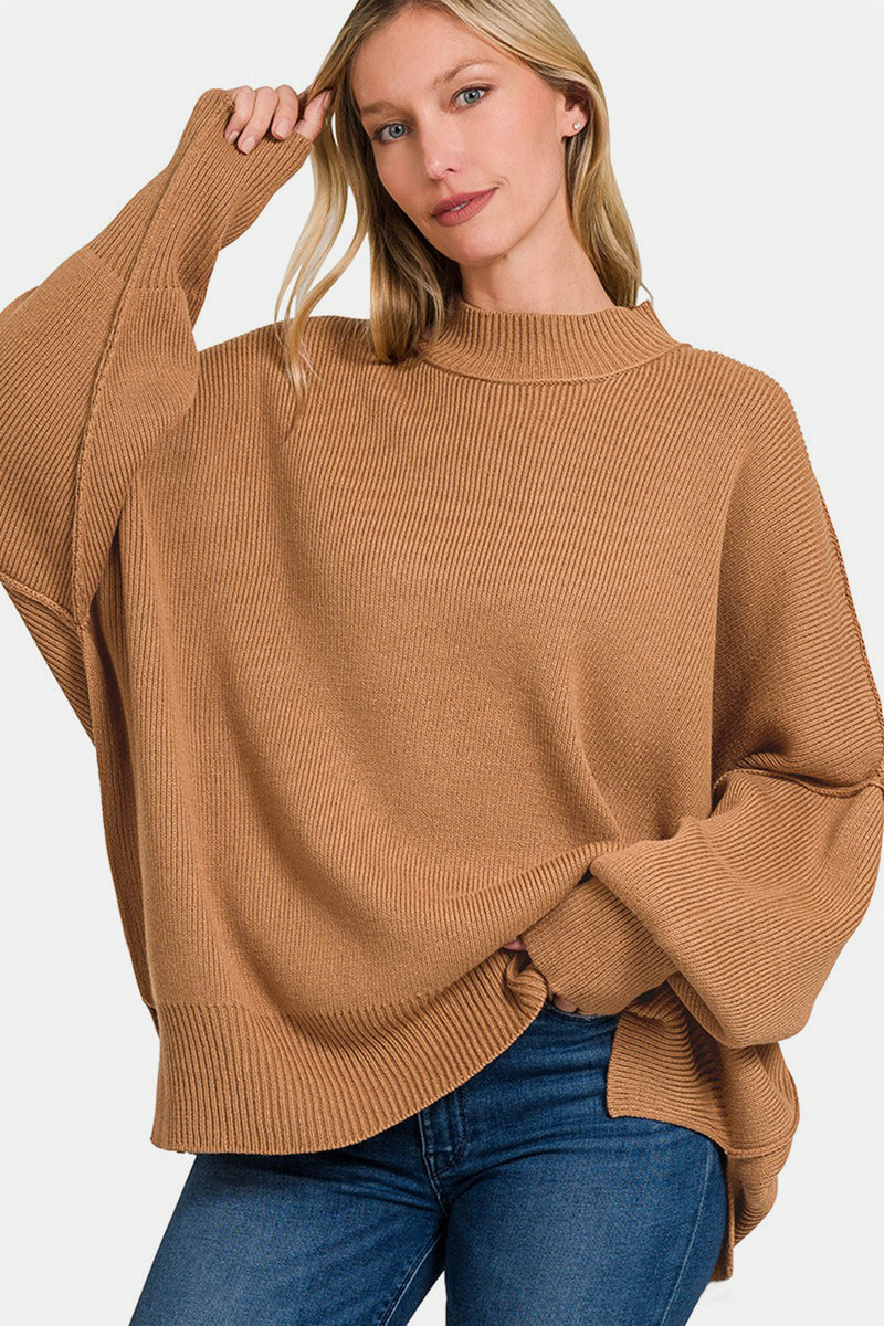 Slouchy Side Slit Oversized Sweater - Deep Camel