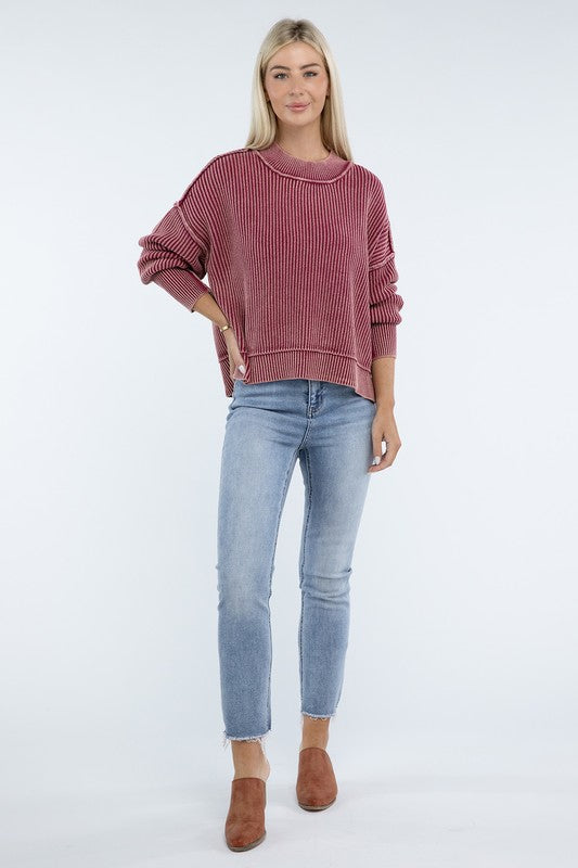 Ribbed Exposed Seam Round Neck Dropped Shoulder Sweater