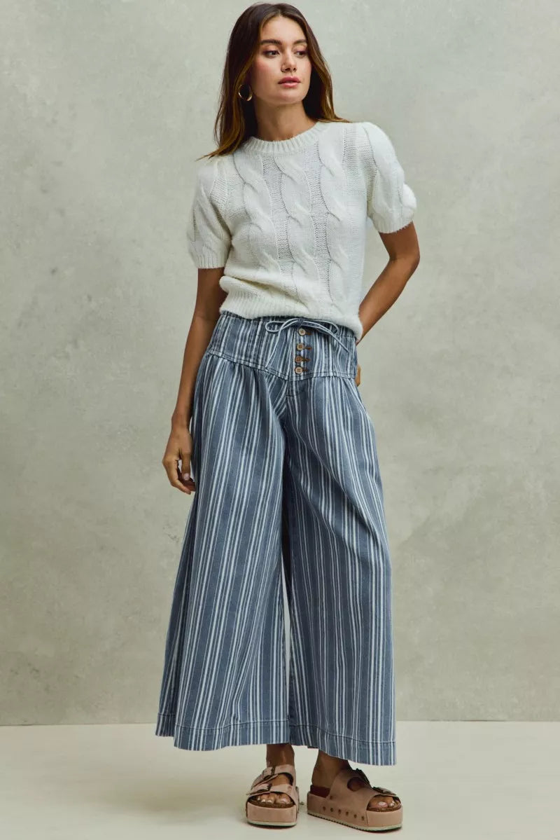 So Me Stripe Denim Washed Pleat Wide Leg Pants