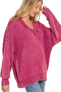Zenana Washed V-Neck Oversized Sweater - Cabernet