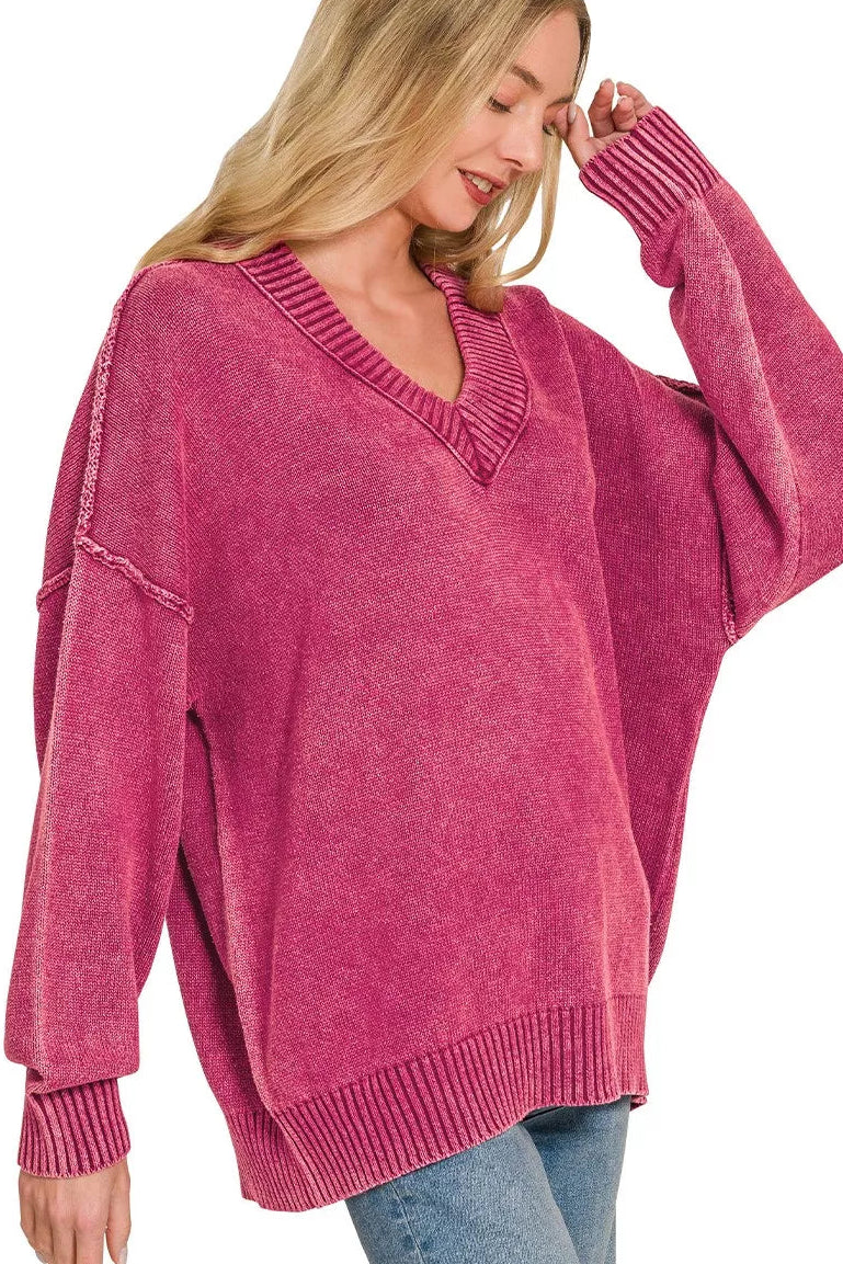 Zenana Washed V-Neck Oversized Sweater - Cabernet