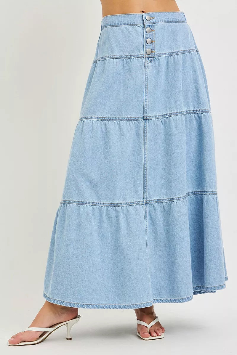 Risen Tiered Denim Maxi Skirt - Light Wash – Lilac East