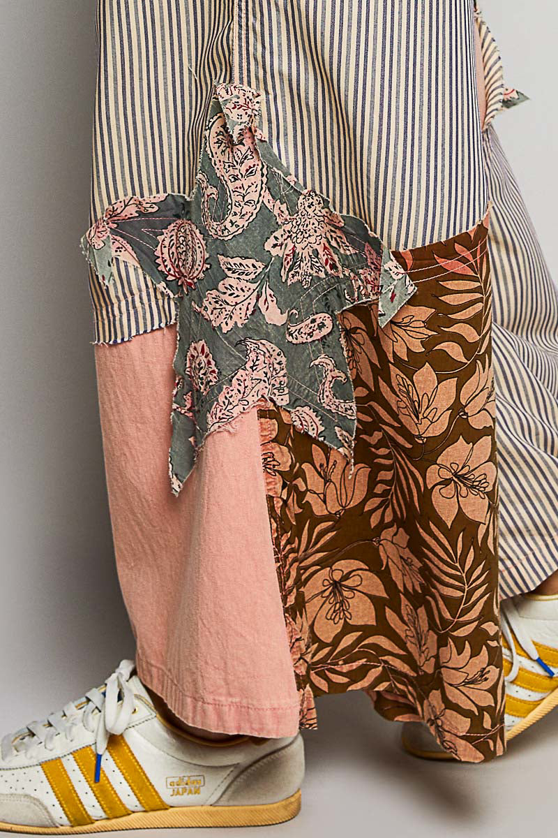 POL Striped Floral Patchwork Wide Leg Pants