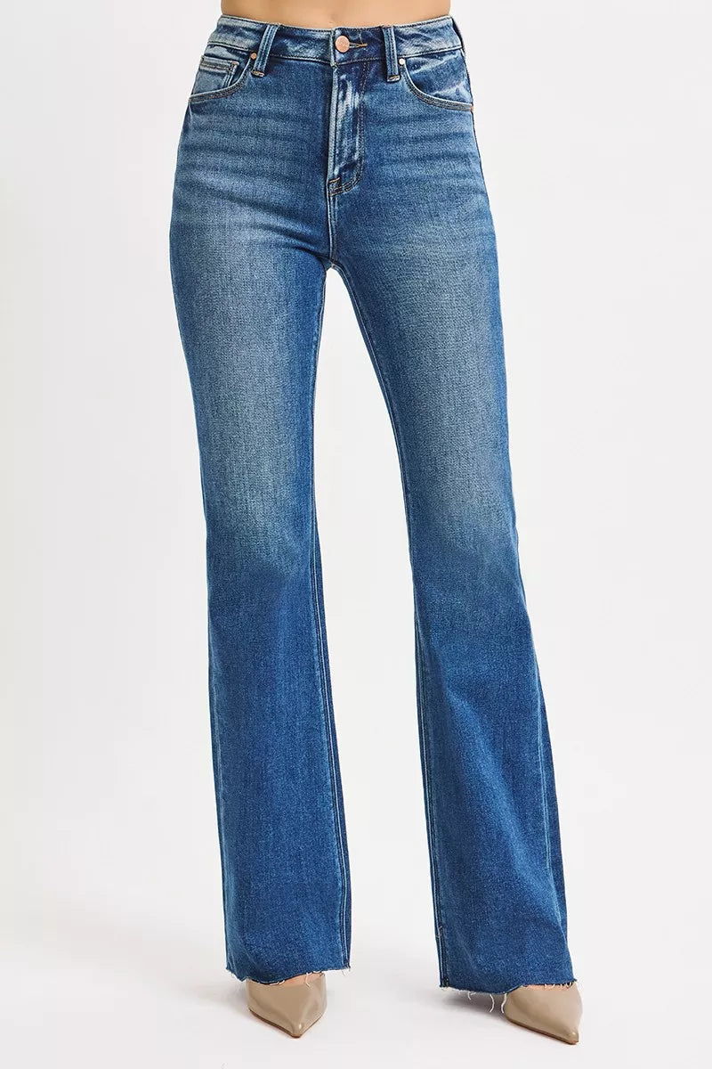 Risen High Rise Raw Cut Hem Flare Jeans