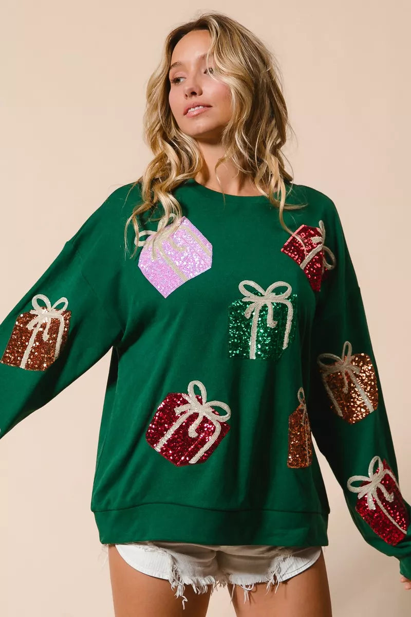 Sequin Christmas Presents Embroidered Pullover