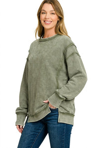 Acid Washed Double Ribbed Exposed Seam Sweatshirt in Dark Olive