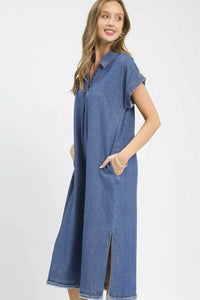 Umgee Stone Washed Collared Denim Midi Dress