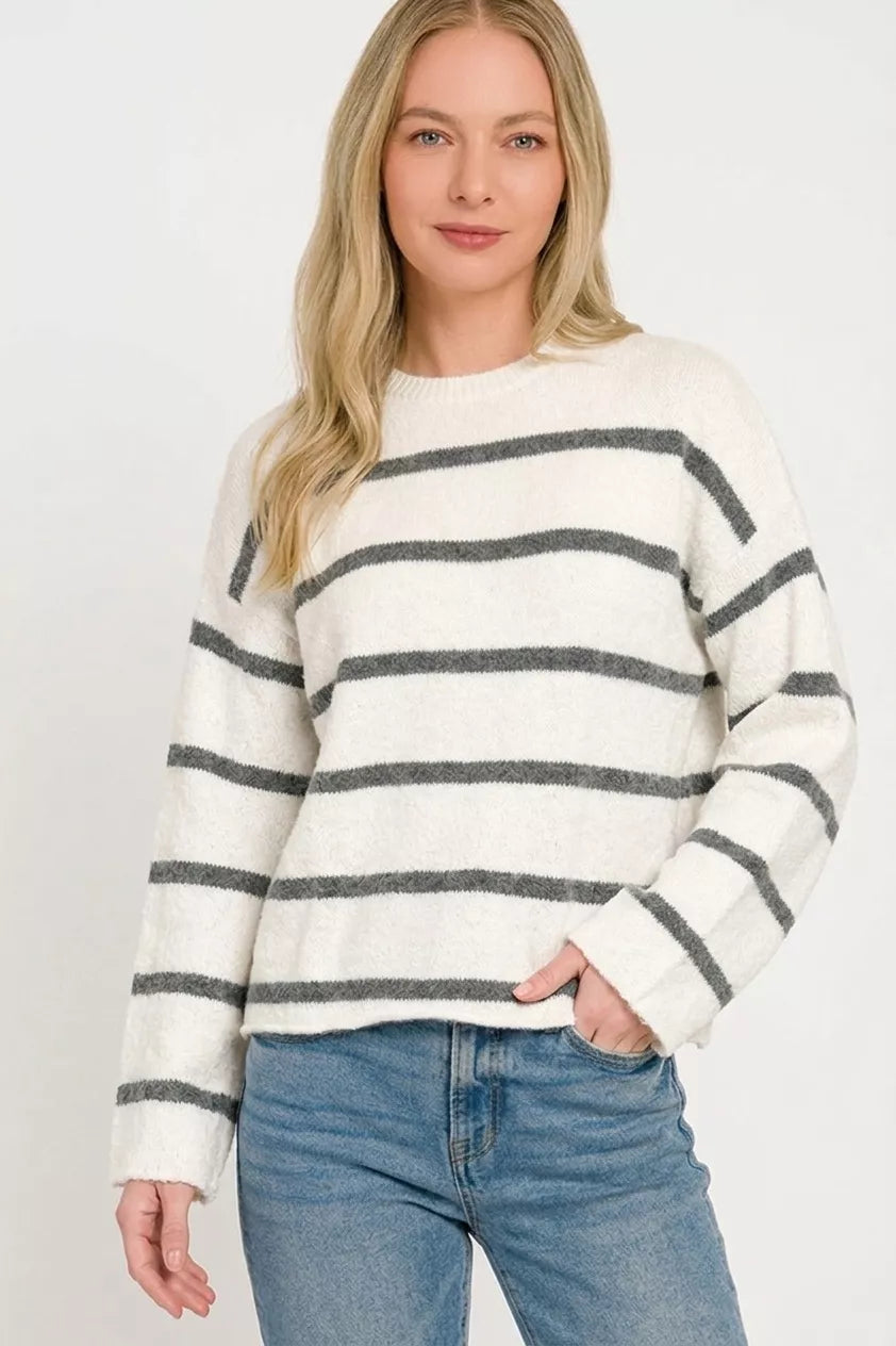 Zenana Striped Sweater in Charcoal