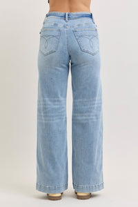 Judy Blue Mid Rise Fold-Over Waistband Retro Wide Leg Jeans