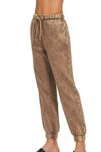 Zenana Acid Wash Fleece Jogger Sweatpants in Brown