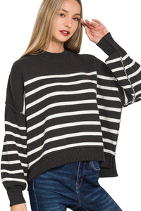 Zenana Black Stripe Exposed Seam Striped Oversized Sweater