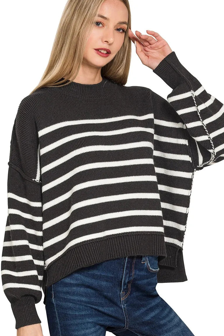 Zenana Black Stripe Exposed Seam Striped Oversized Sweater