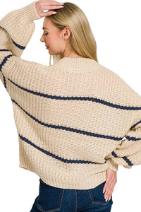 Zenana Oversize Striped Sweater in Taupe