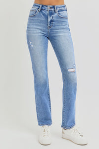 RISEN High Rise Ankle Straight Knee Distressed Jeans