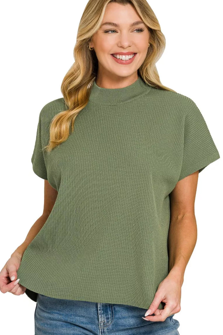 Zenana Viscose Mock Neck Short Sleeve Boxy Sweater Knit Top in Light Olive