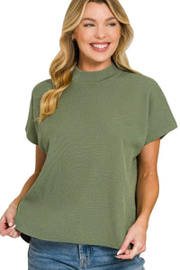 Zenana Viscose Mock Neck Short Sleeve Boxy Sweater Knit Top in Light Olive