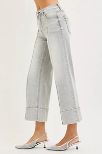 Risen Mid Rise Light Grey Tummy Control Crop Wide Leg Pintuck Front Jeans