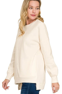 Zenana Fleece Hi-Low Boyfriend Sweatshirt with Pockets - Cream