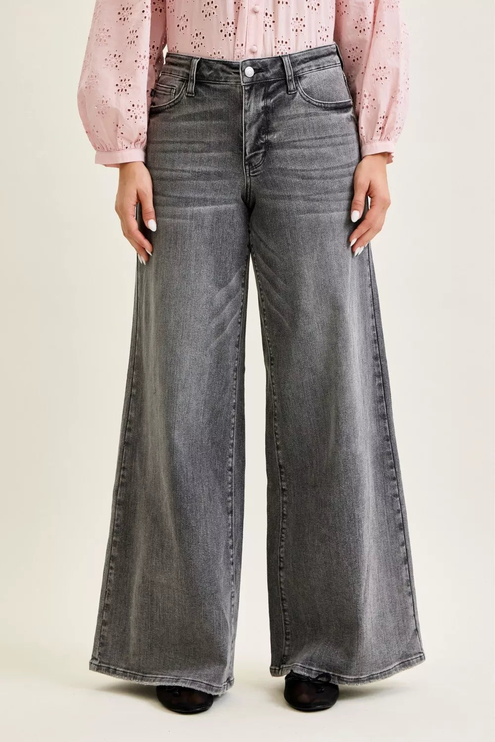 Judy Blue Mid Rise Grey Wash Wide Leg Jeans