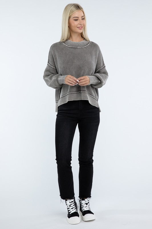 Ribbed Exposed Seam Round Neck Dropped Shoulder Sweater