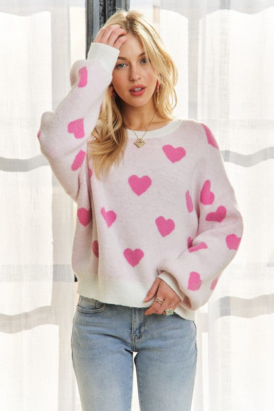 Hearts Round Neck Drop Shoulder Sweater