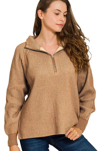 Zenana Ribbed Two Tone Half Zip Sweater in Deep Camel/Light Mocha