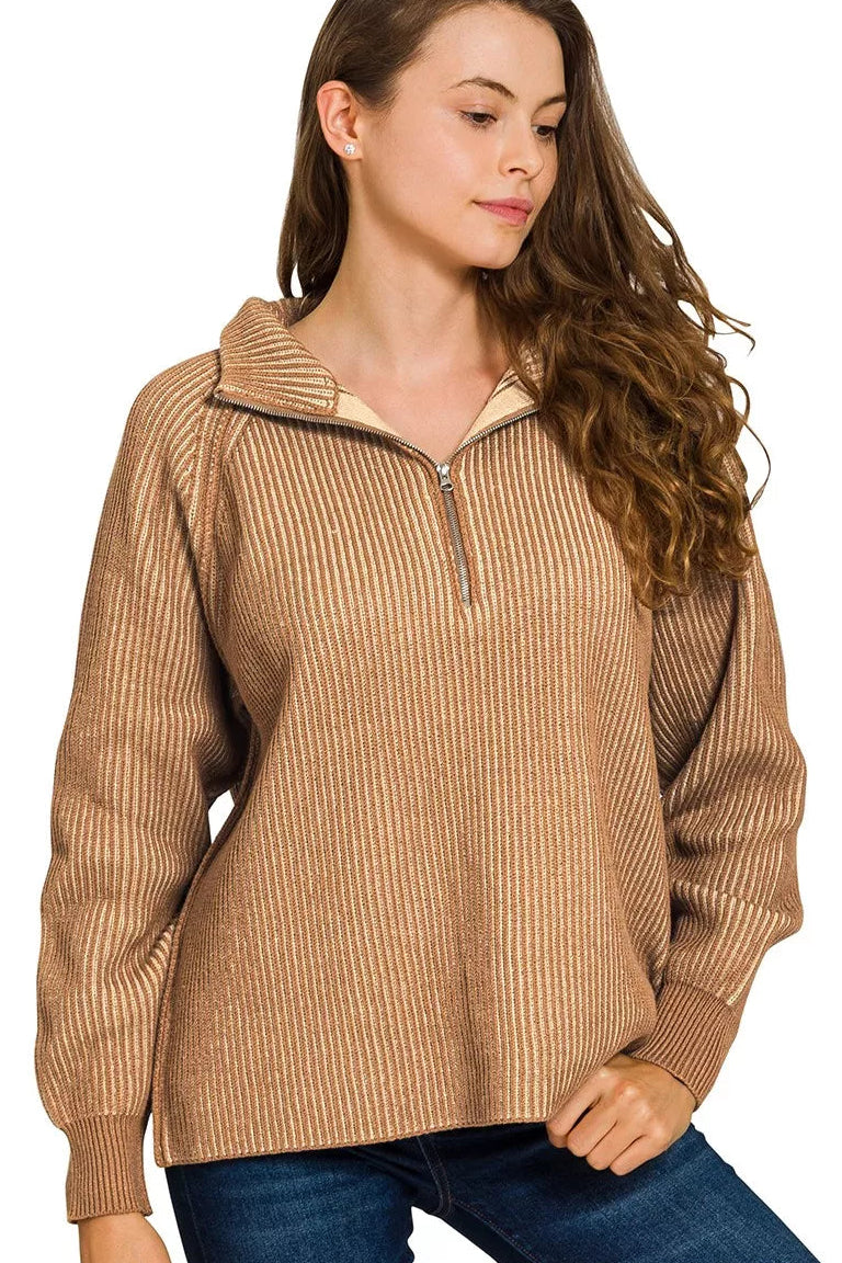 Zenana Ribbed Two Tone Half Zip Sweater in Deep Camel/Light Mocha
