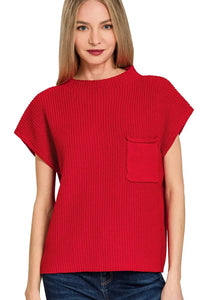 Zenana Mock Neck Short Sleeve Sweater in Ruby Red