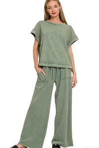 Zenana Cotton Slub Short Sleeve Tee and Pants Set in Ash Jade