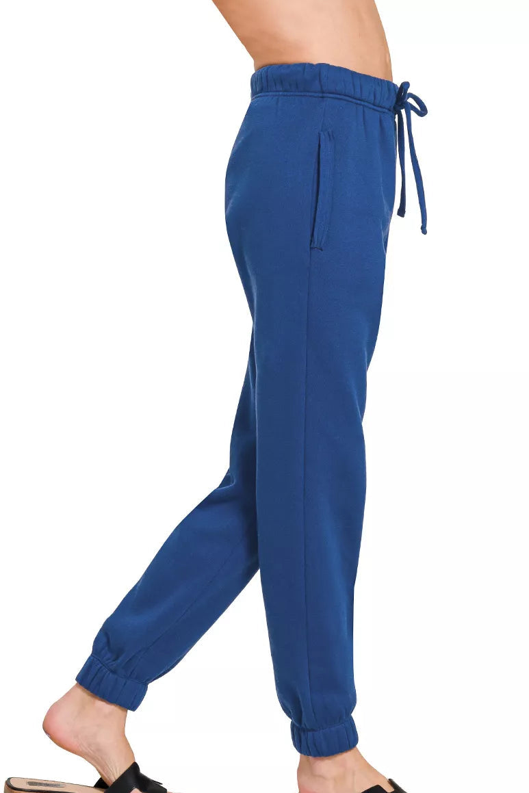 Zenana Fleece Joggers with Pockets in Light Navy