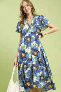 Umgee Blue Tropical Floral Flutter Sleeve Tiered Midi Dress