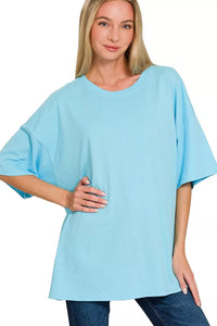 Zenana Cotton Short Sleeve Oversized Tee in Sky Blue
