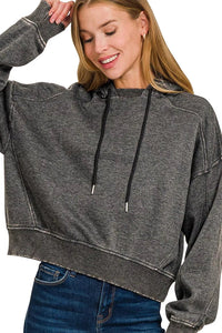 Acid Wash Ribbed Neckline Fleece Hoodie in Black