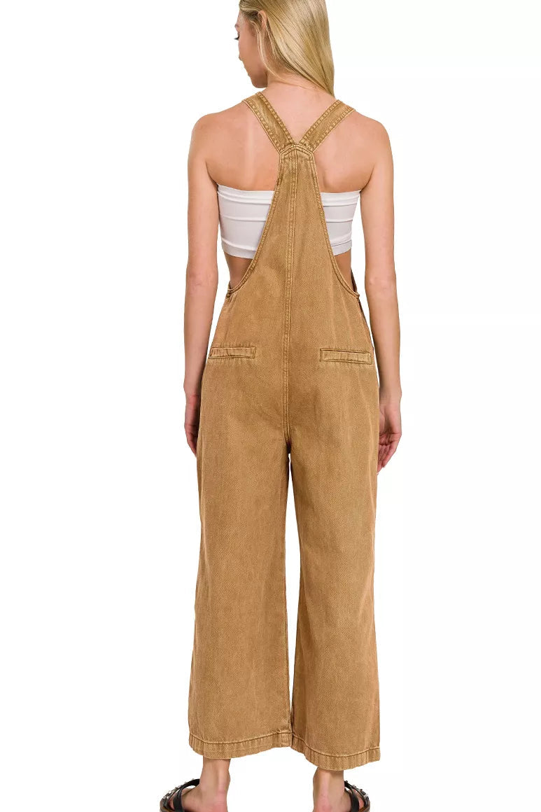 Washed Knot Strap Relaxed Fit Overalls in Deep Camel