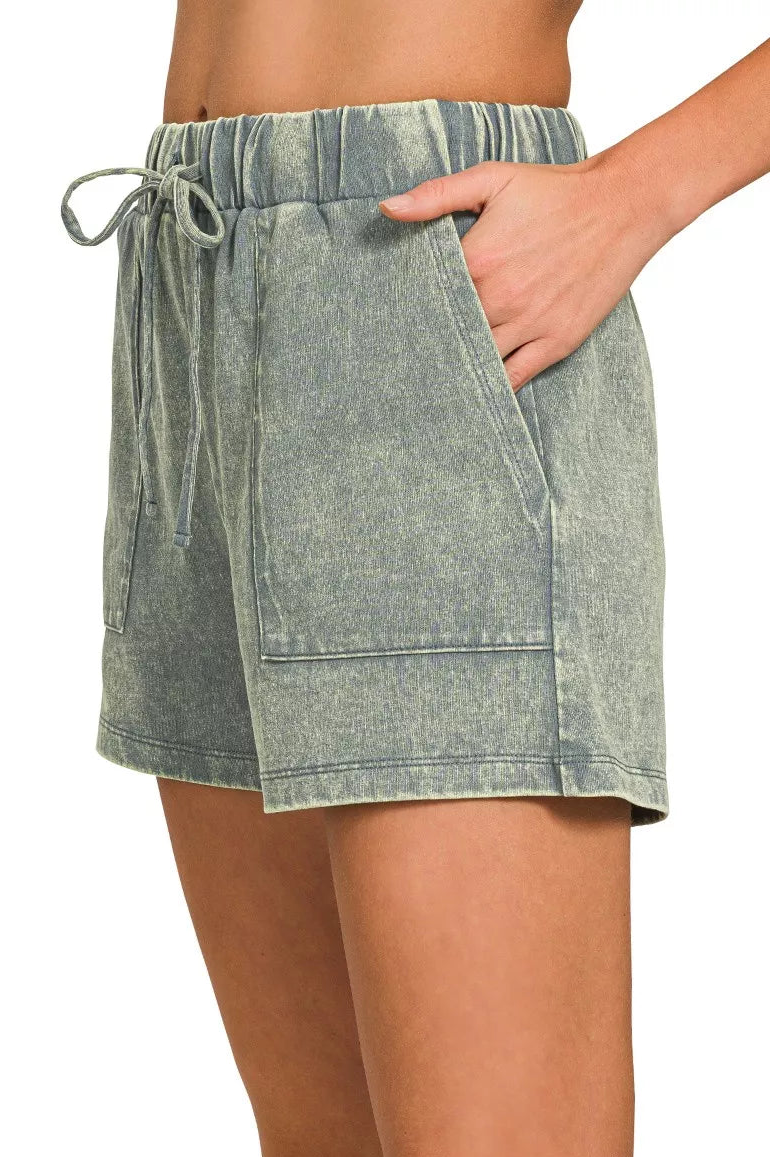 Zenana Halo Snow Washed Short Sleeve Tee and Shorts Set in Ash Jade