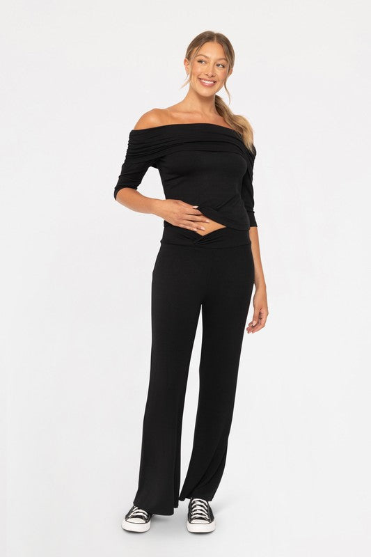 Mono B Cross Pleat Flare Lounge Pants. These slim fit lounge pants feature a flattering crossover waistband with pleat detail and slight flare silhouette.