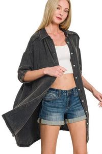 Zenana Washed Double Gauze Button Down Shirt Dress in Ash Black