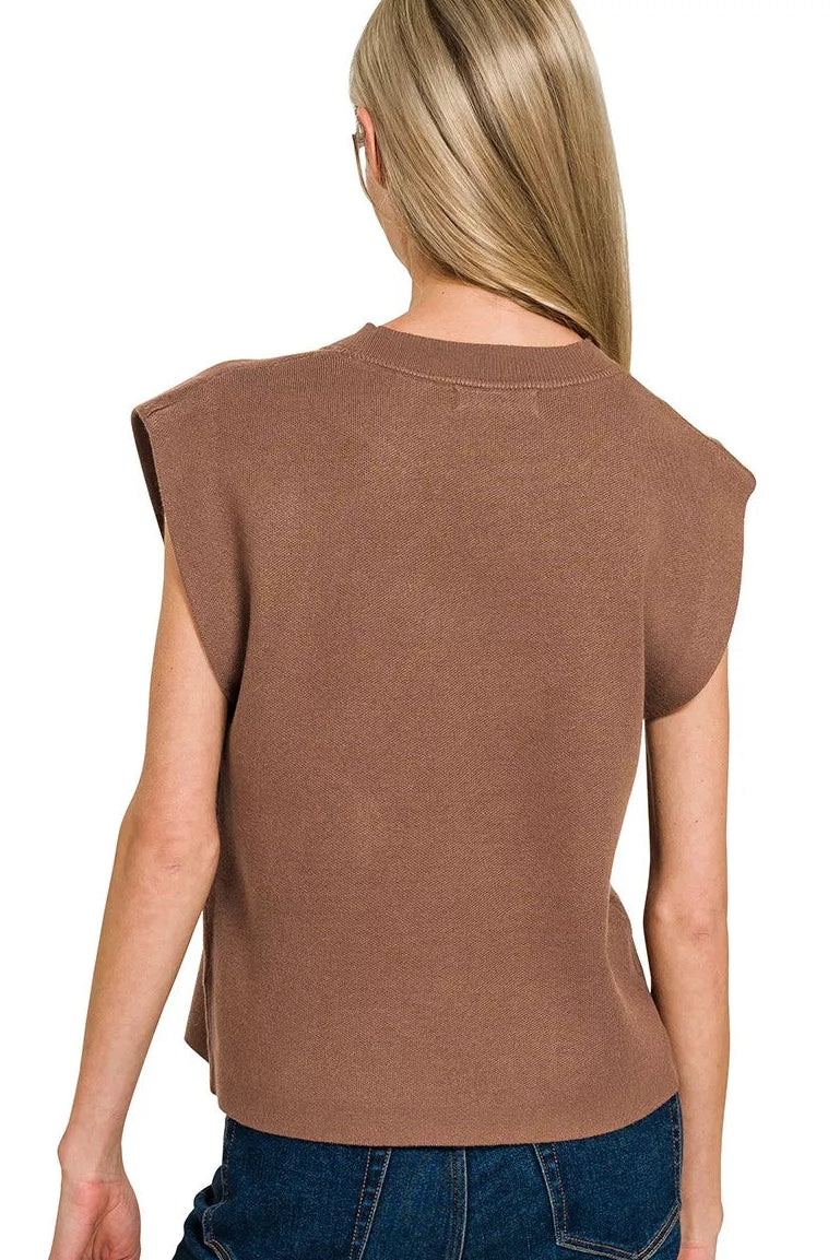 Zenana Round Neck Viscose Sweater Vest in Brown