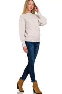 Zenana Mock Neck Exposed Seam Sweater in Bone