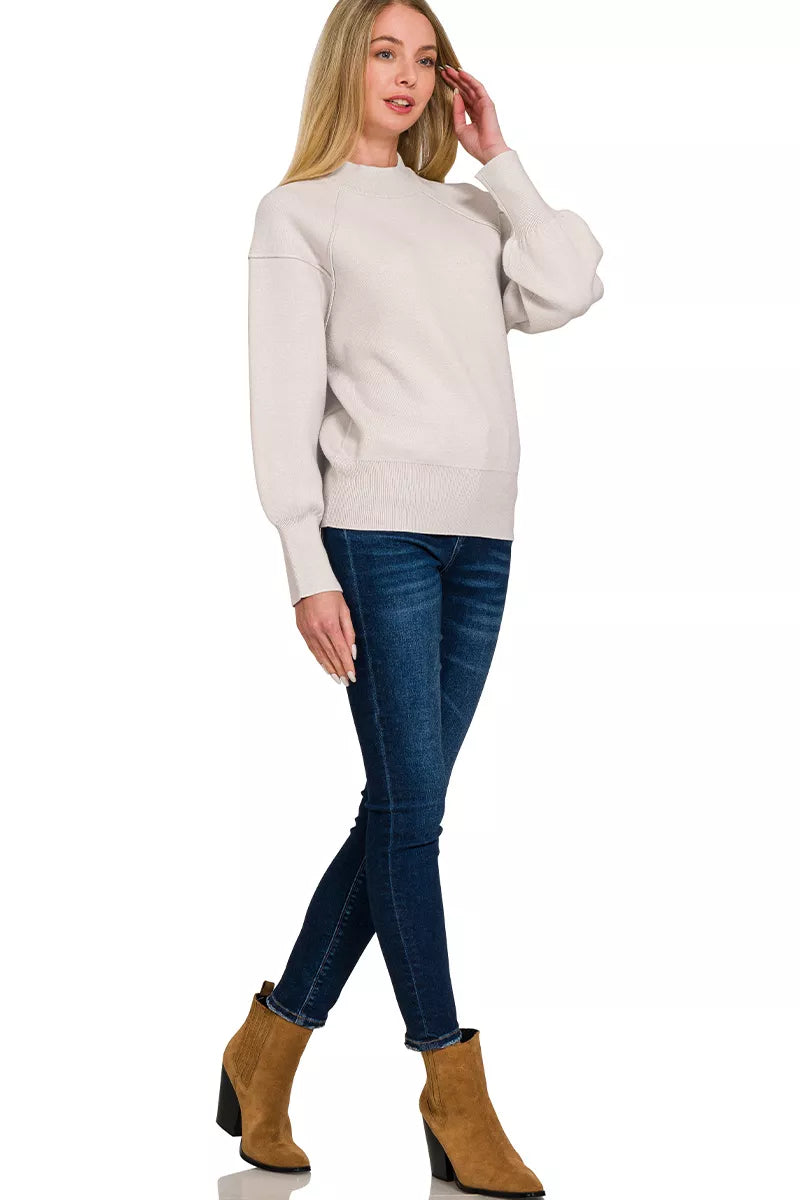Zenana Mock Neck Exposed Seam Sweater in Bone