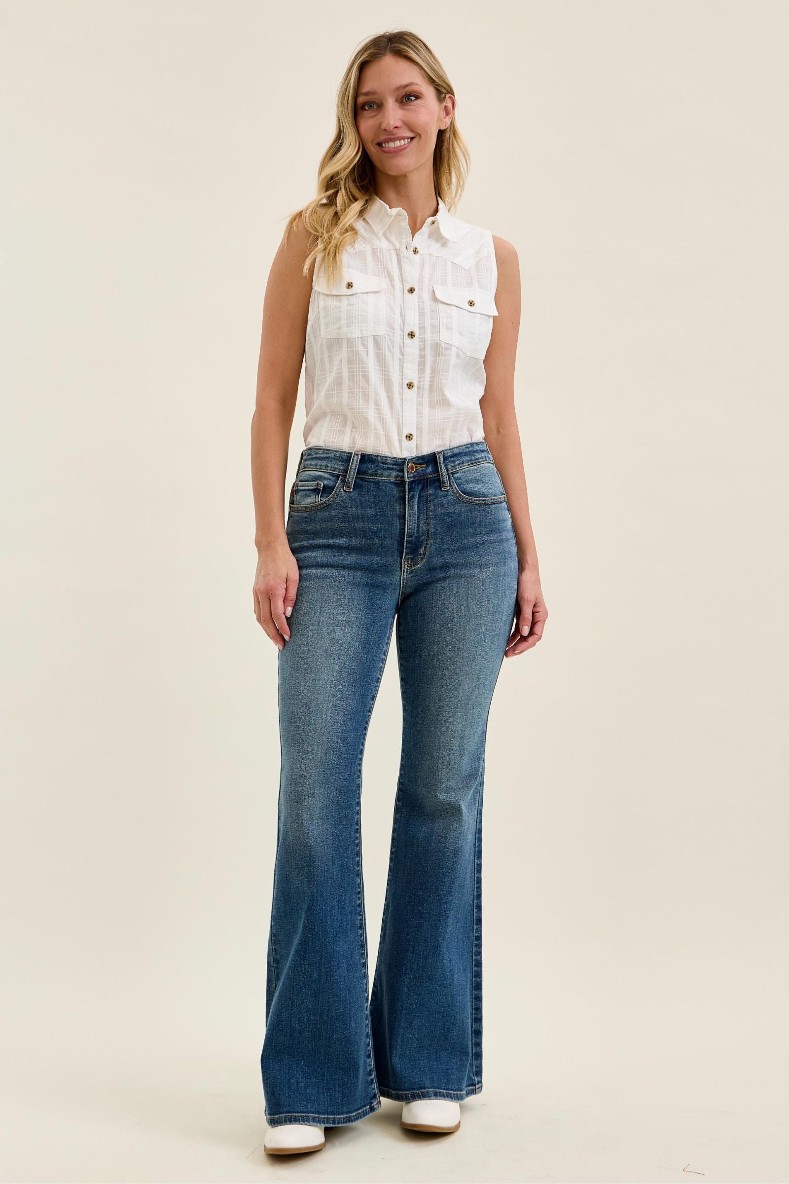 Judy Blue Mid Rise Jaqueline Flare Jeans with Embroidered Back Pockets