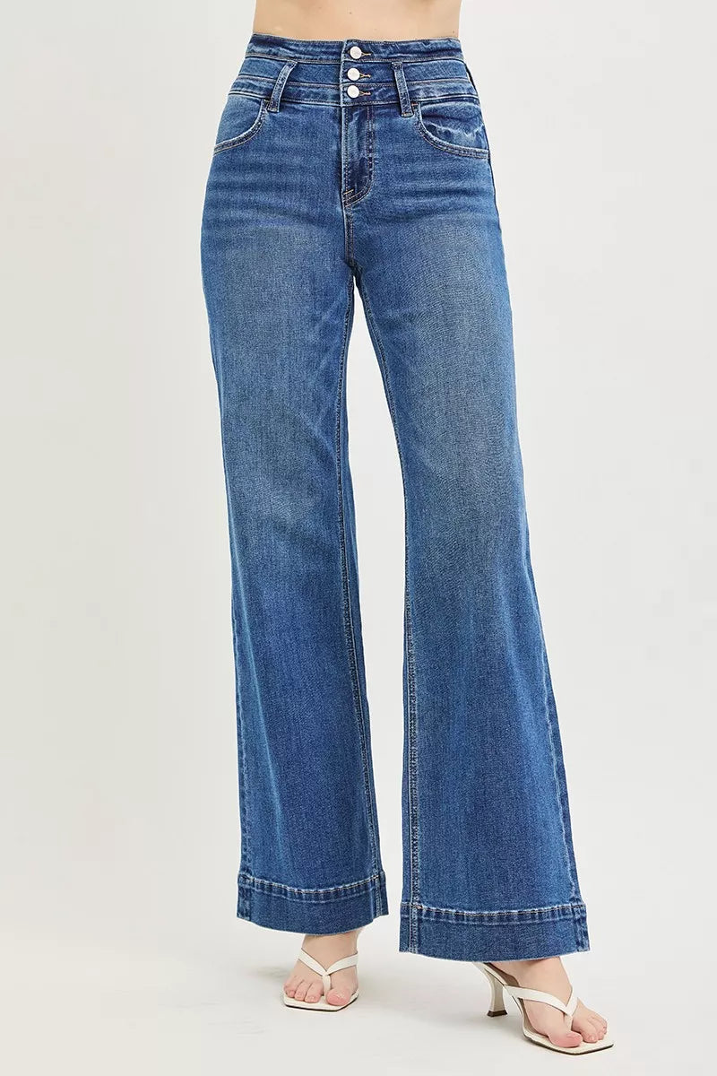 Risen High Rise Wide Waistband Wide Leg Jeans PW21705 