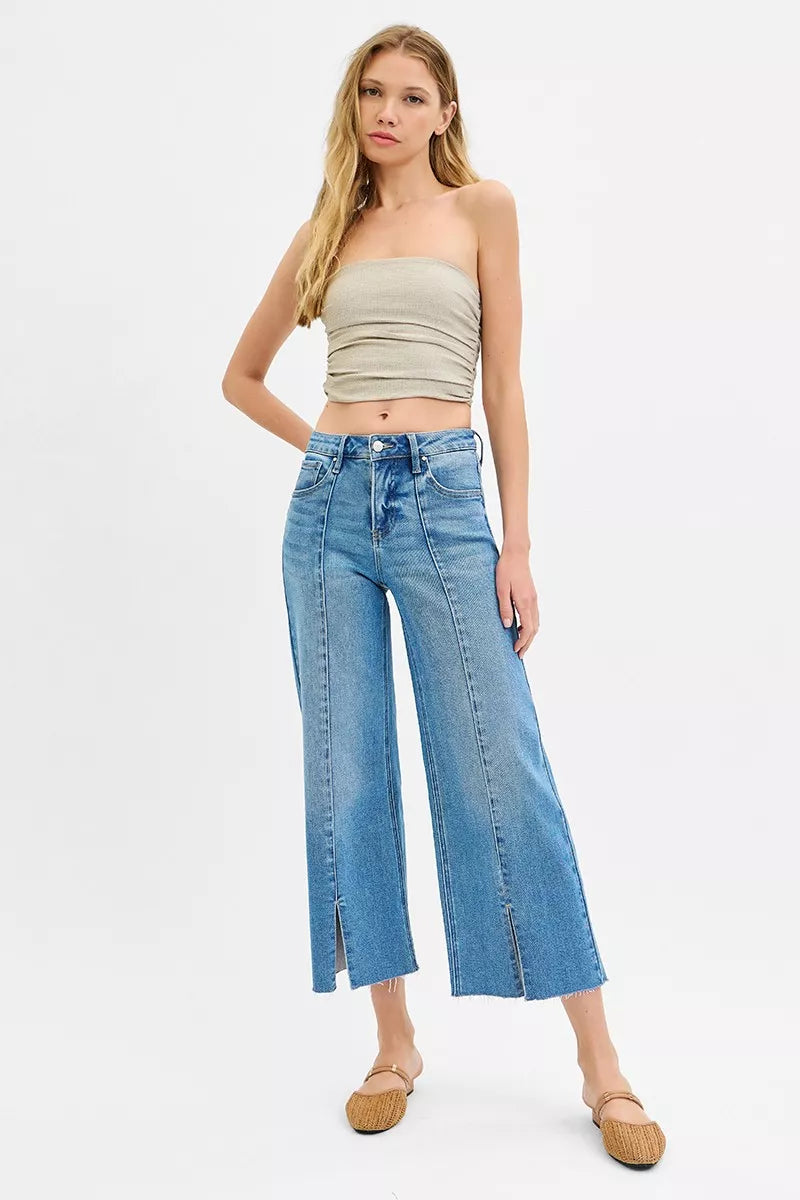 Risen Mid Rise Tummy Control Crop Wide Leg Front Slit Jeans