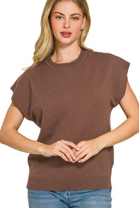 Zenana Viscose Round Neck Short Sleeve Sweater Knit Top in Brown